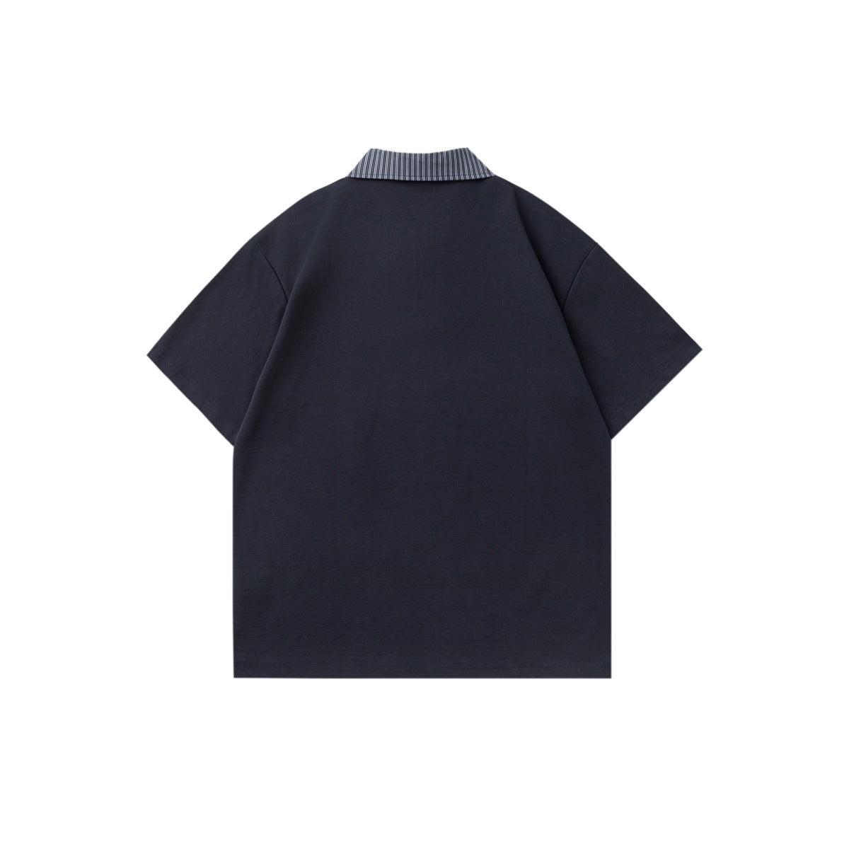 Back view of a dark navy short-sleeve polo shirt with a narrow white-striped collar.