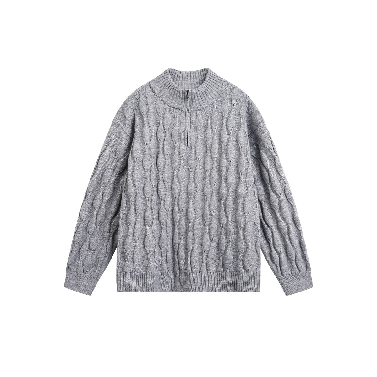 Gray textured cable-knit half-zip sweater with stand collar and ribbed cuffs, flat front view
