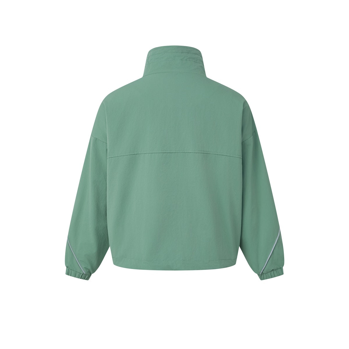 Back view of a sage-green jacket with a high collar, curved yoke seam, and elastic cuffs.