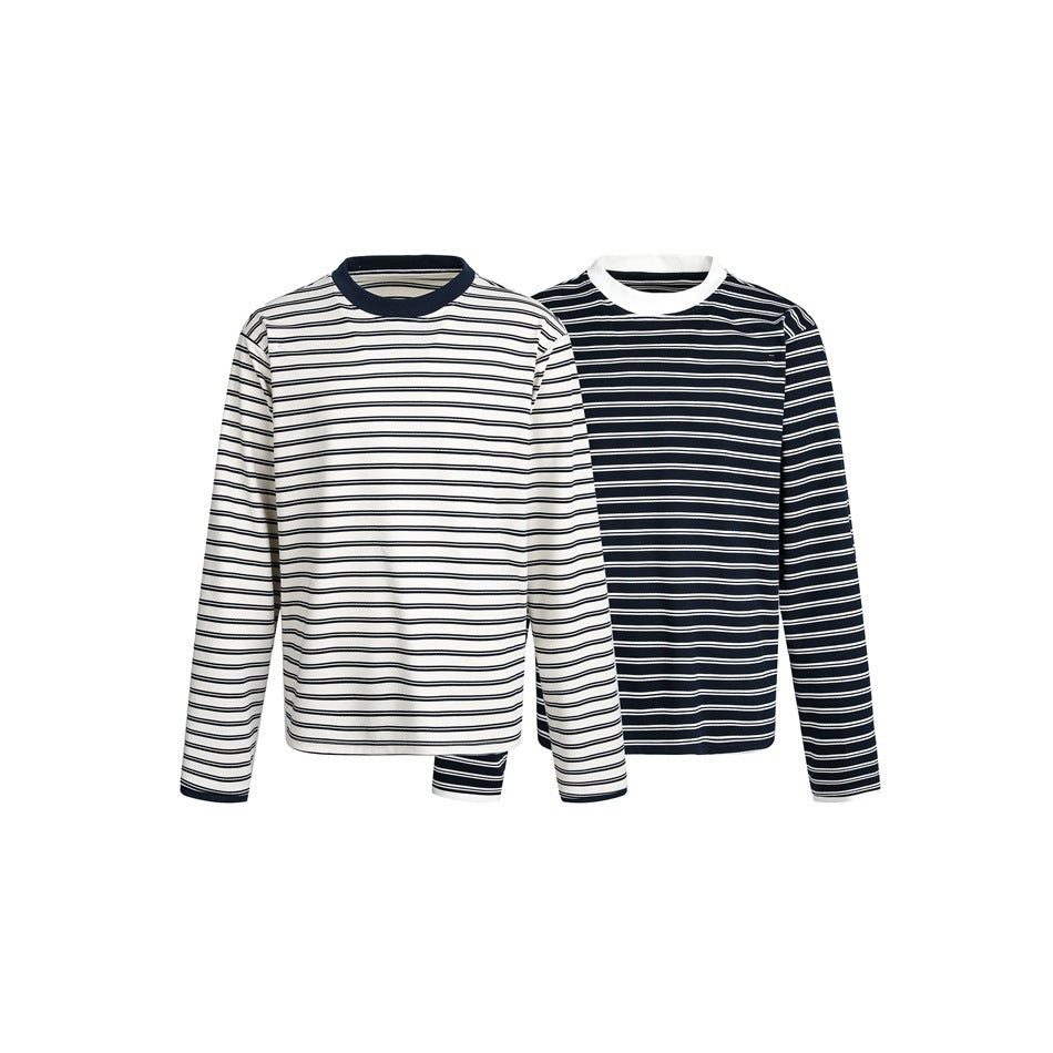 Two long-sleeve crew-neck striped tops shown together: one cream with dark stripes and one dark with white stripes.