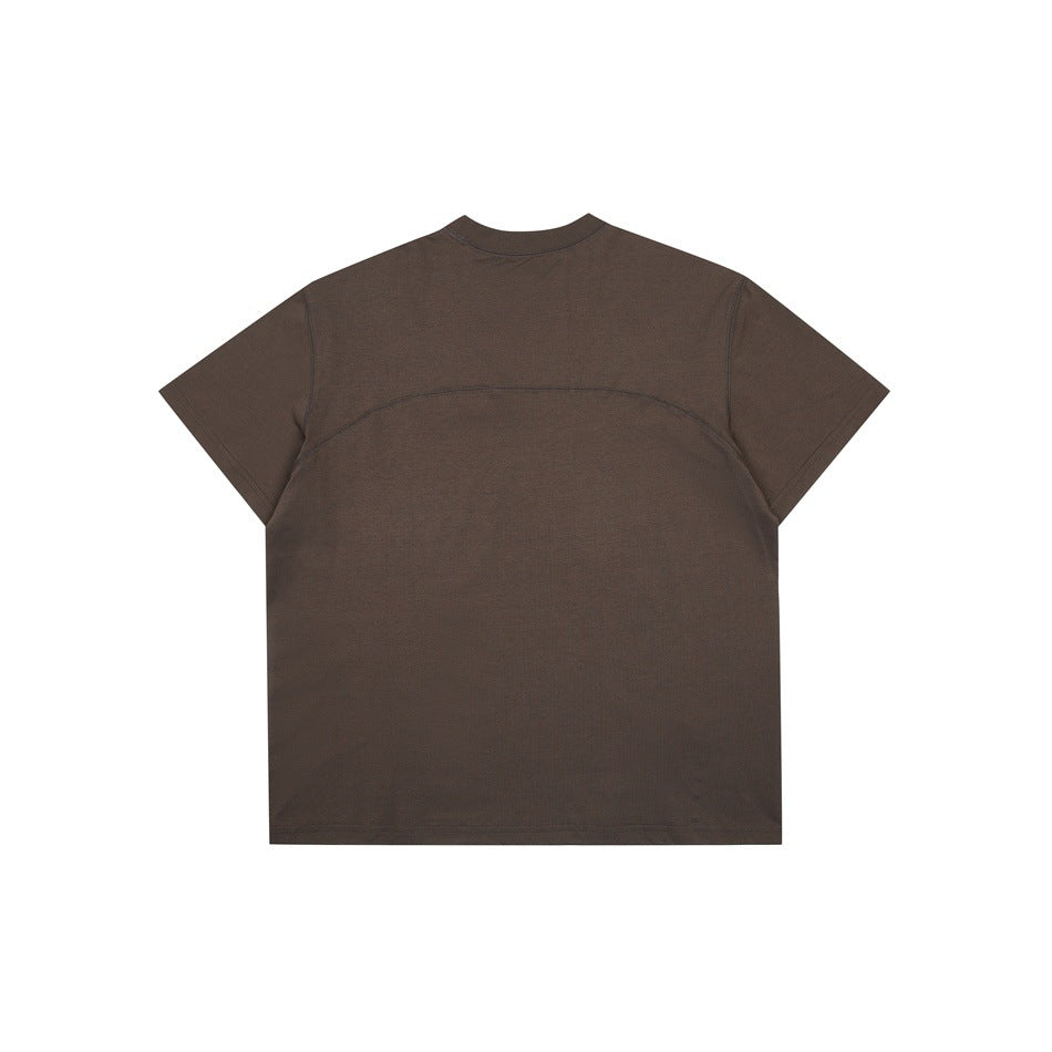 Back view of a plain dark brown short-sleeve crew-neck T-shirt with curved seam detailing.