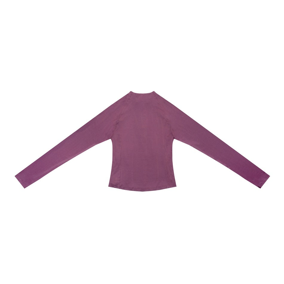 Back view of a plum long-sleeve top laid flat, with a high neckline and curved panel seams.