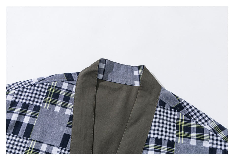 Close-up of a garment neckline with an olive collar and blue, white, and lime plaid lining.