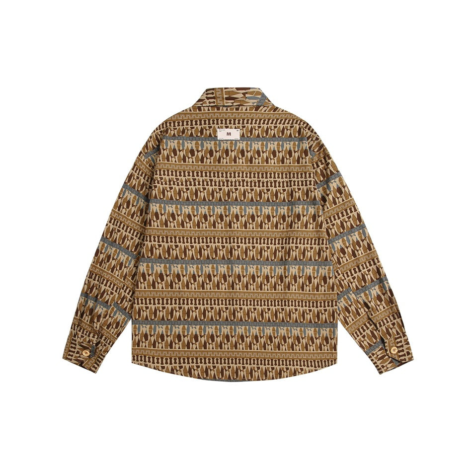 Back view of a brown geometric-patterned long-sleeve button-up shirt laid flat.
