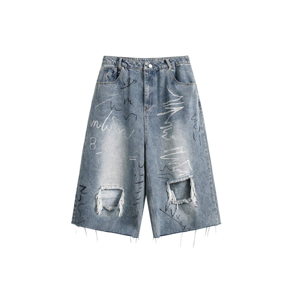 Flat-lay front of faded blue denim shorts with ripped knees, frayed hem and black and white scribble graffiti