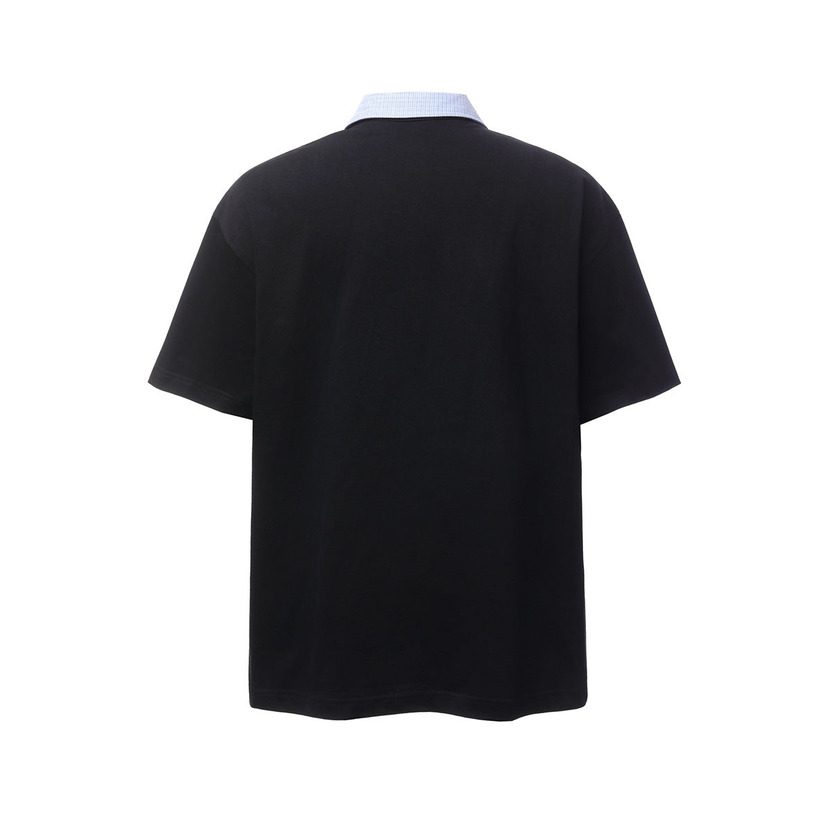Back view of a black short-sleeve polo shirt with a blue checked collar.