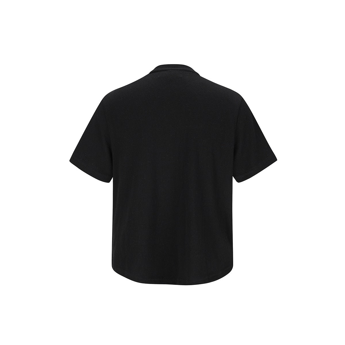 Back view of a plain black short-sleeve top with a round neckline.