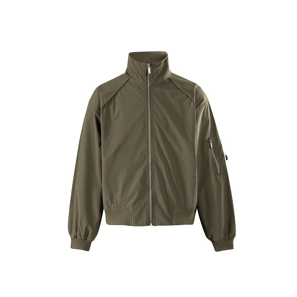 Khaki green stand-collar full-zip jacket with ribbed cuffs and hem and a zippered sleeve pocket, front view