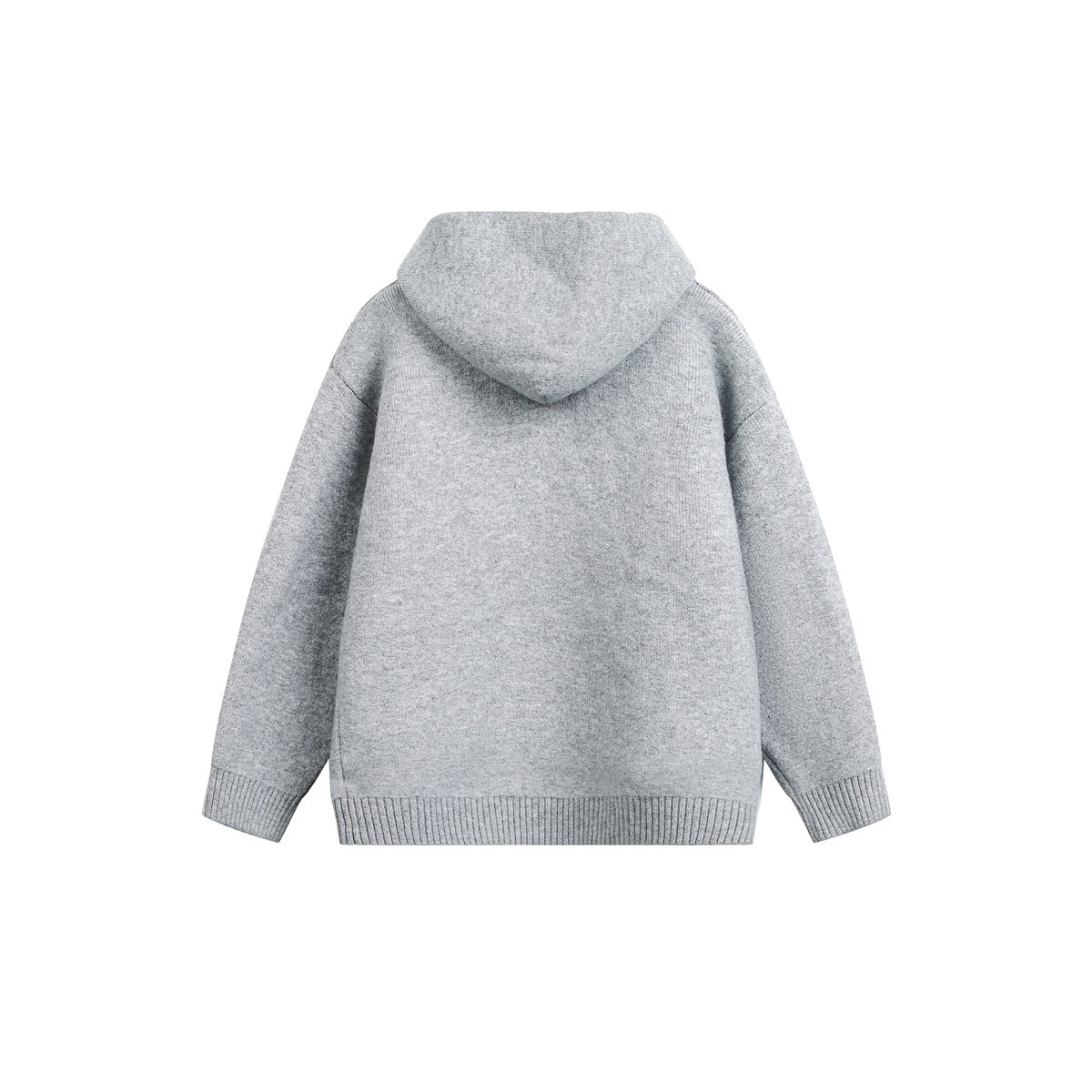 Back view of a light gray hooded jacket with long sleeves and ribbed cuffs and hem, laid flat.