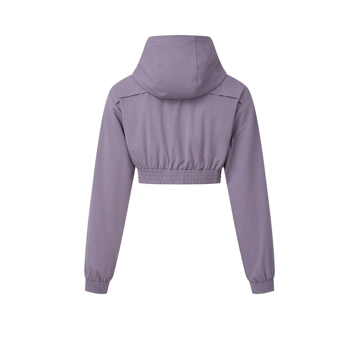 Back view of a muted lavender-gray cropped hooded jacket with long sleeves and a gathered elastic hem.