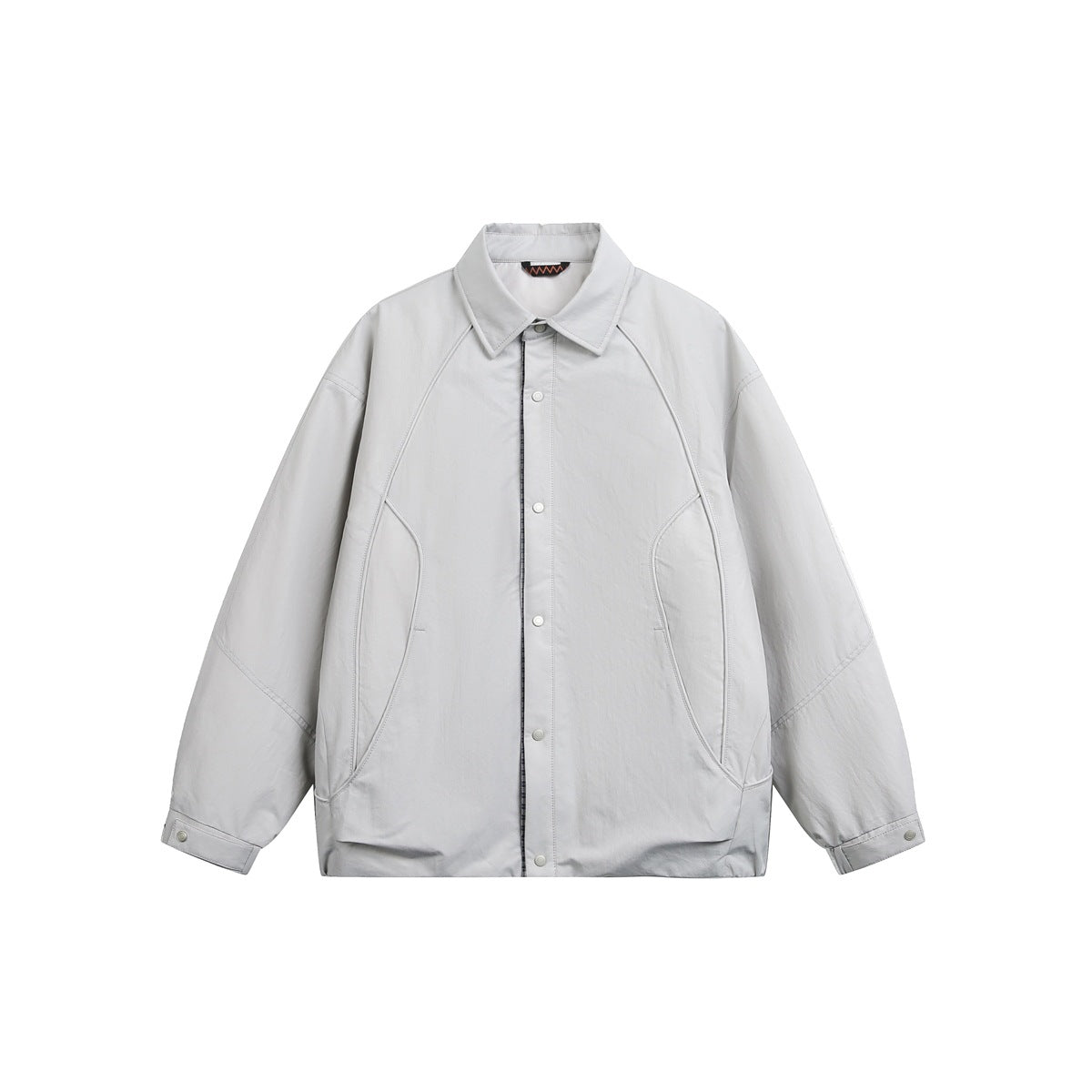 Gray coach-style jacket, front flat lay, with pointed collar, snap-button placket and raglan sleeves