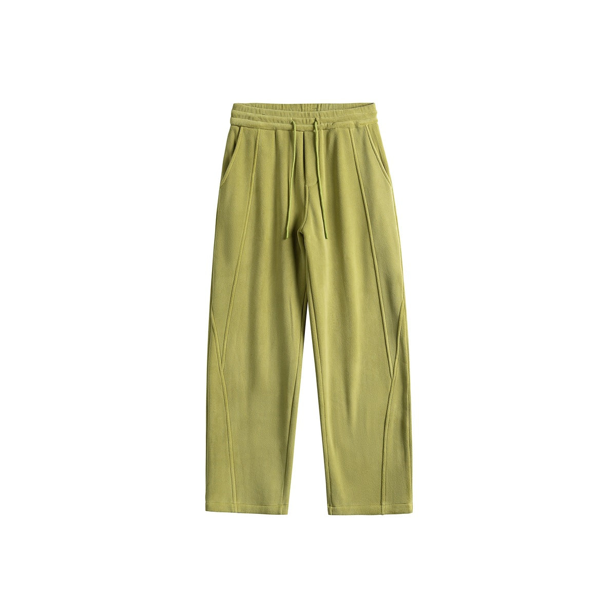 Bright yellow-green wide-leg drawstring sweatpants, flat front view with curved seams and side pockets