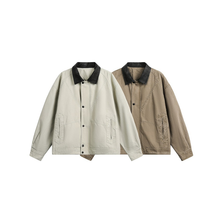 Two jackets shown from the front in light beige and taupe, each with a black collar and front pockets.