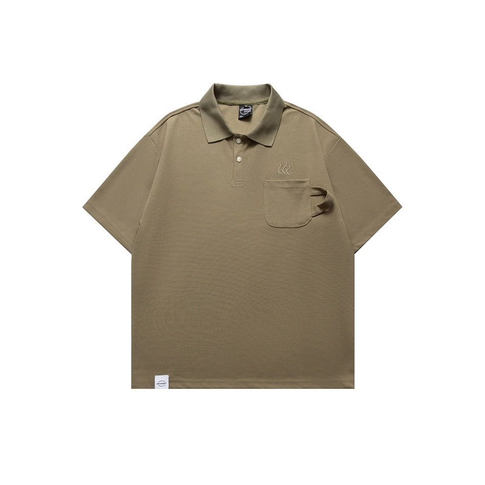 Army green short-sleeve polo shirt with chest pocket and small embroidered steam motif, flat front view