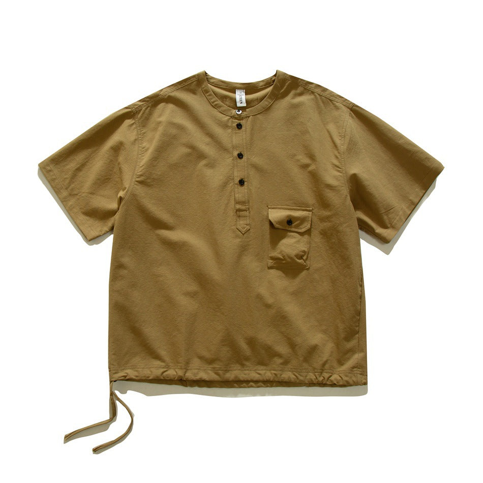 Khaki short-sleeve pullover shirt with three black buttons, flap chest pocket and drawstring hem, flat lay front