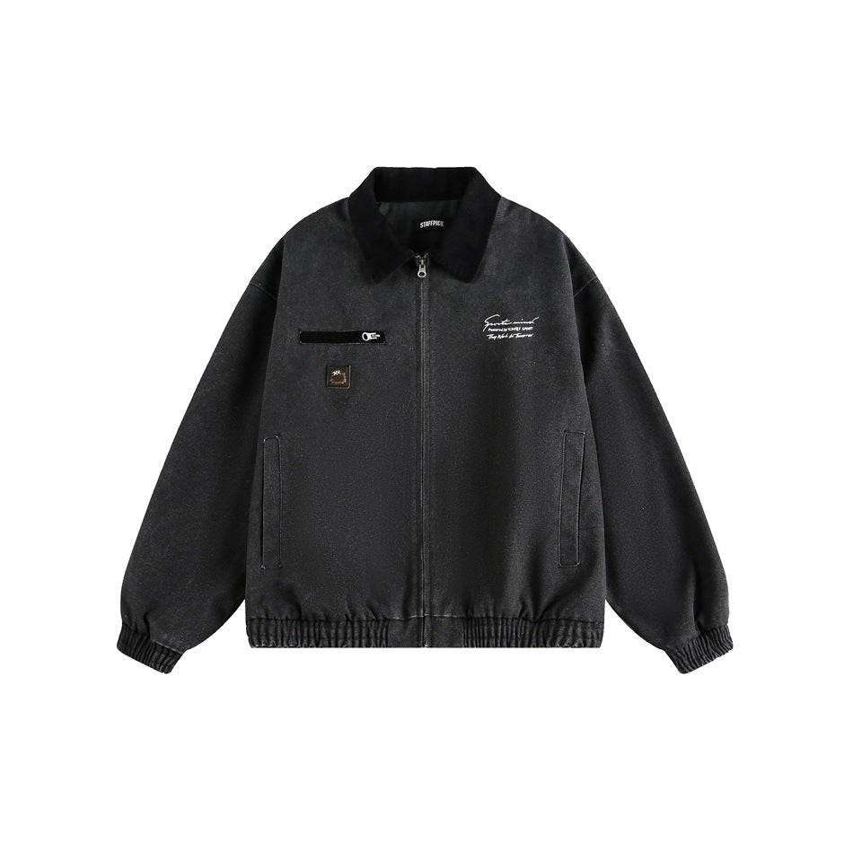 Washed black zip-front jacket with black ribbed collar, chest zip pocket, side pockets and elastic cuffs