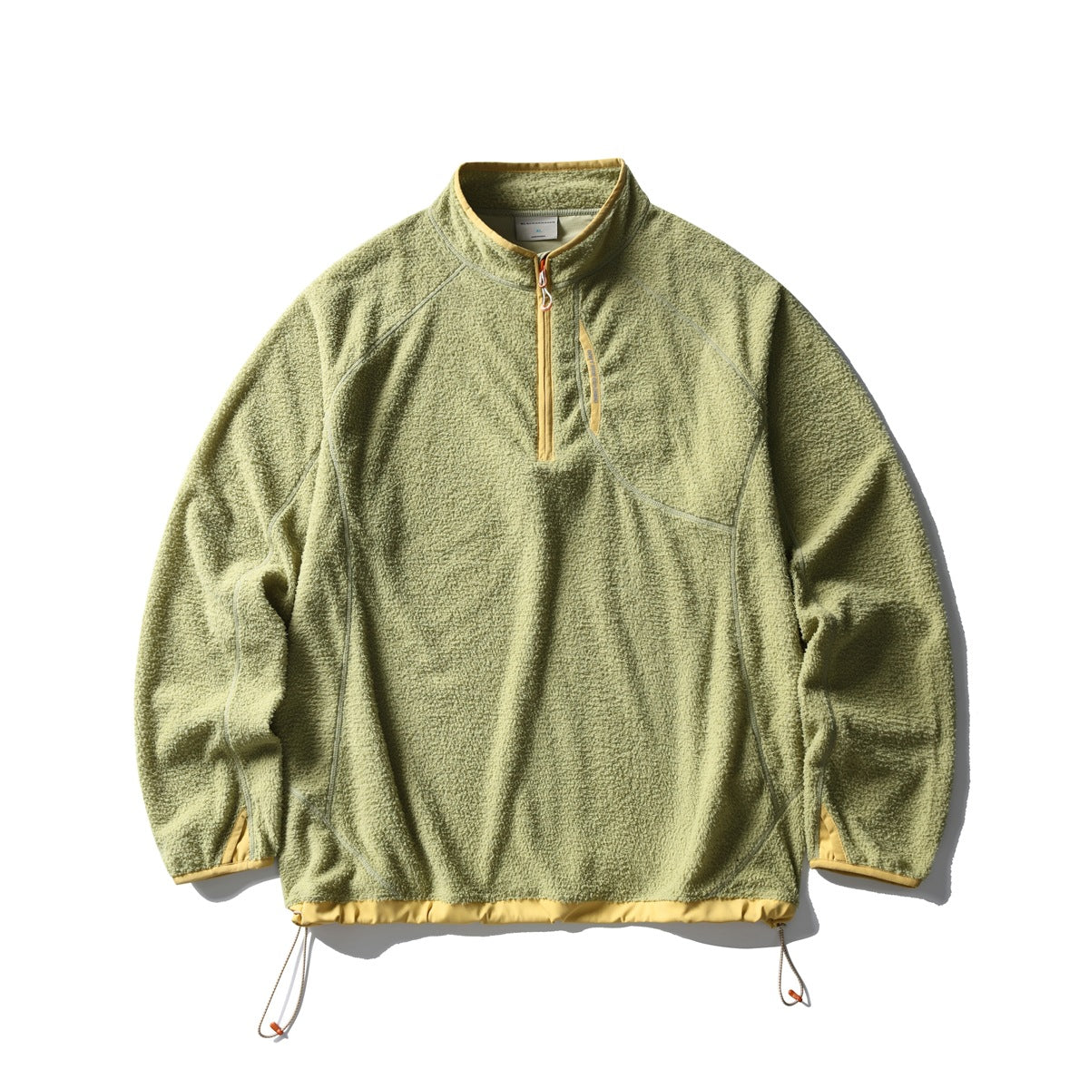 Moss green textured fleece-like half-zip pullover with yellow trim and orange toggles, flat lay front view