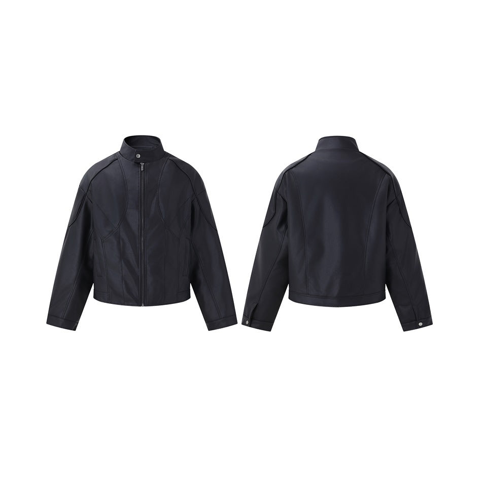 Black leather-look zip jacket shown front and back side by side, with snap cuff tabs visible on the back view