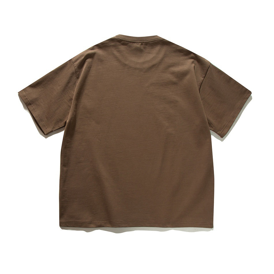 Back view of a plain brown short-sleeve crew-neck T-shirt.