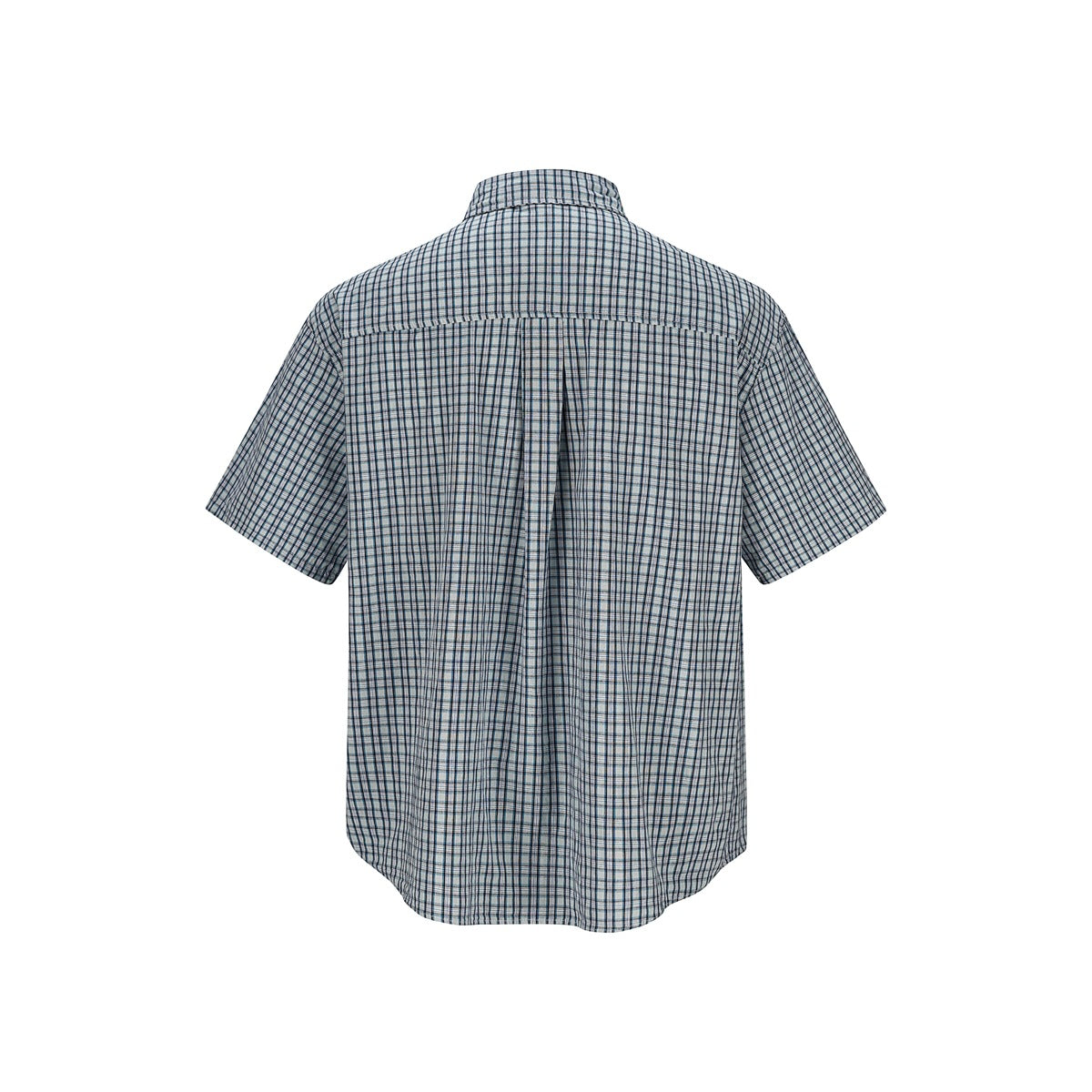 Back view of a short-sleeve button-up shirt in a blue, gray, and white plaid pattern.