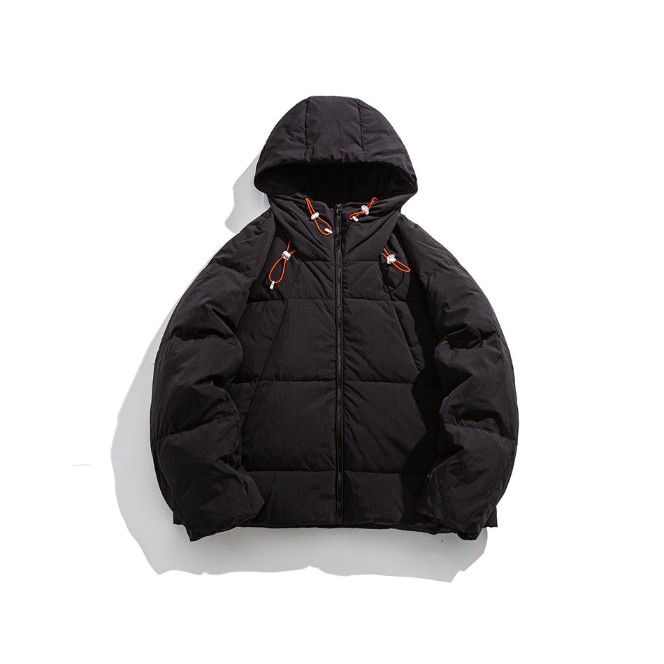 Black hooded quilted puffer jacket with front zipper and orange drawcords, flat front view