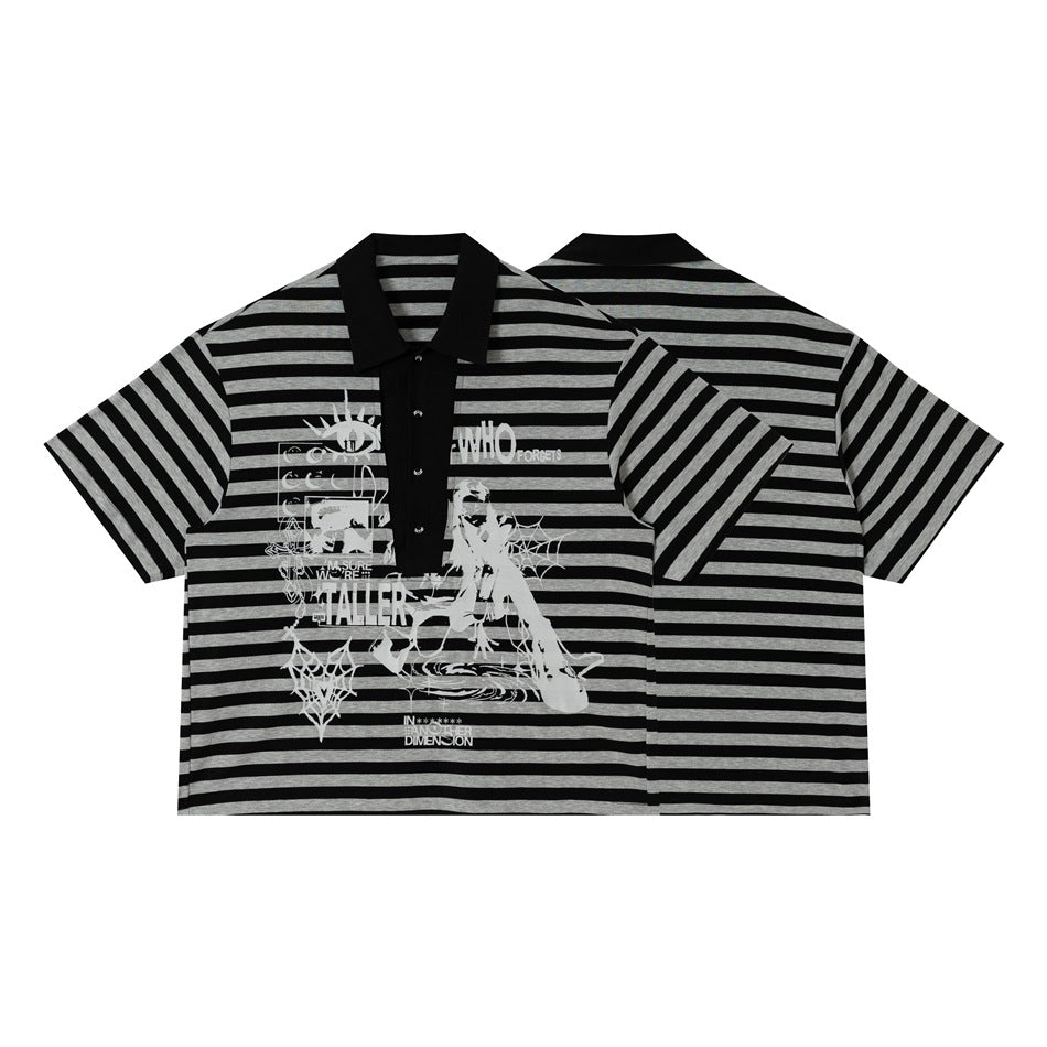 Flat lay showing the front and back of a black and gray striped polo shirt; the front has large white graphic artwork.