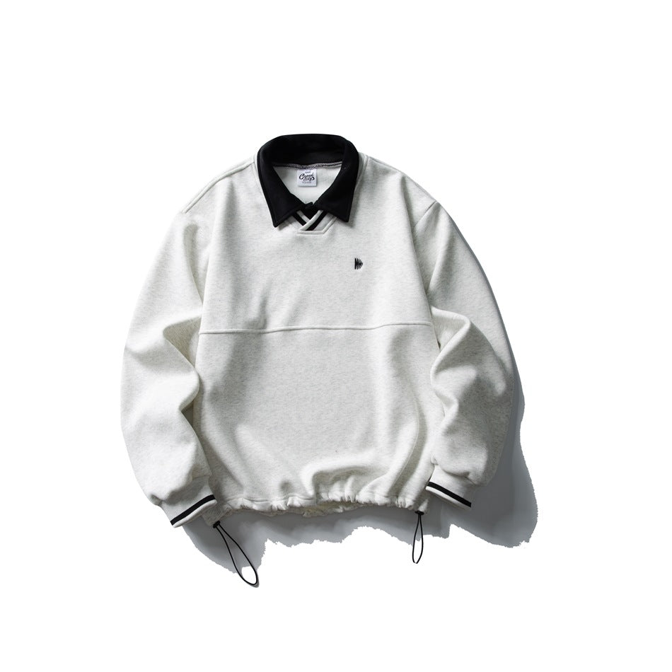 Heathered beige-gray pullover sweatshirt with black polo collar, striped cuffs and drawstring hem, flat lay front view
