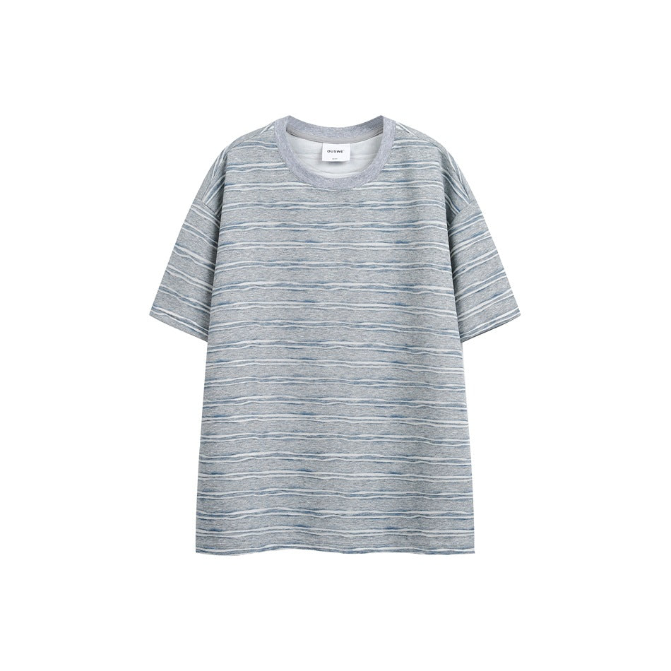 Gray short-sleeve crew neck T-shirt with wavy white and blue horizontal stripes, flat front view