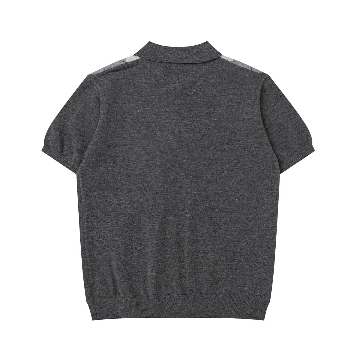 Back view of a dark gray short-sleeve knit polo shirt with a plain body and argyle accents at the shoulders.
