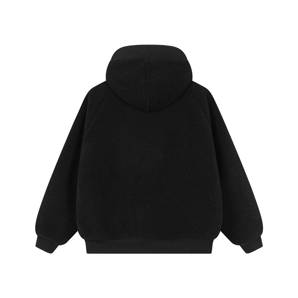 Back view of a black plush hooded jacket shown alone against a white background.