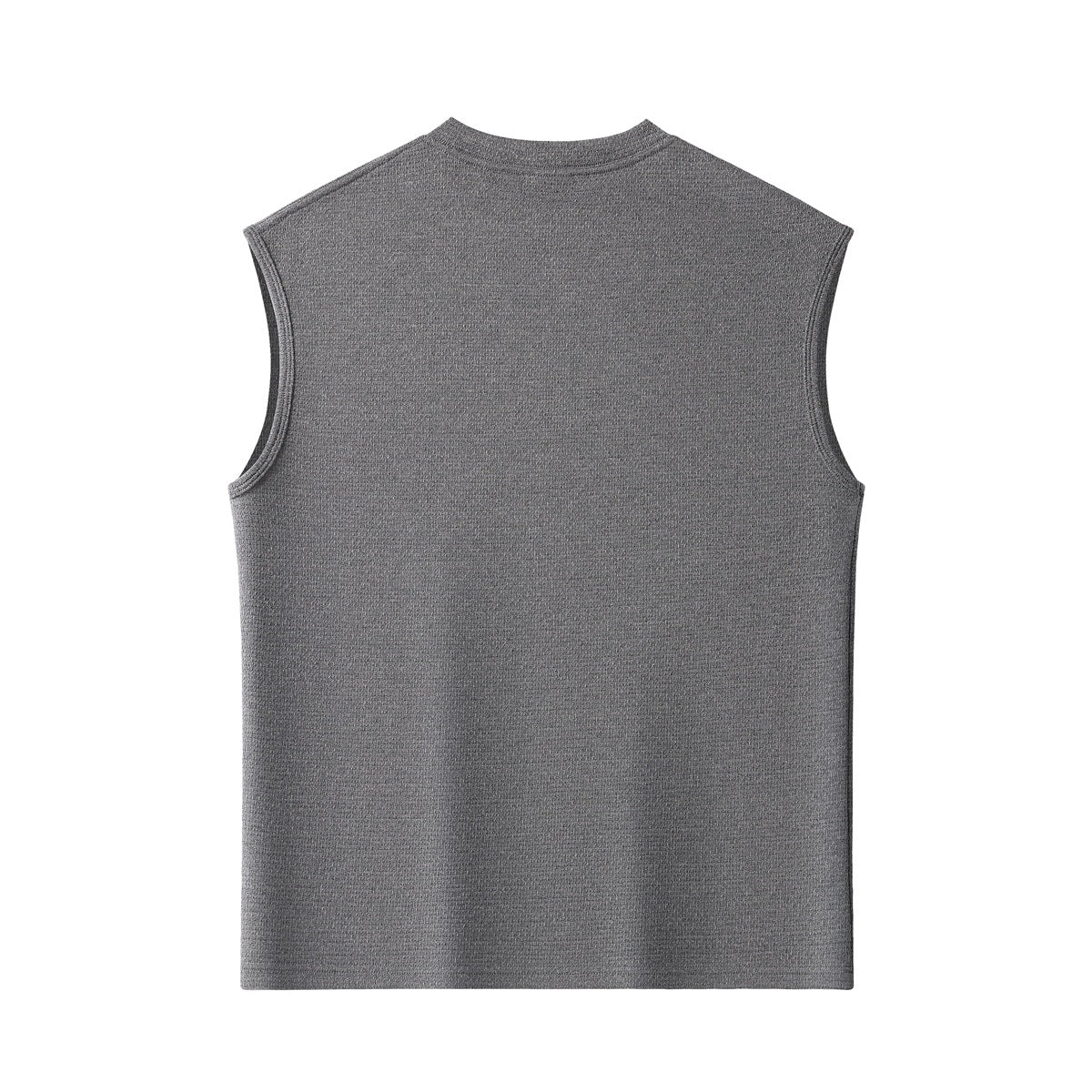 Plain gray sleeveless crew-neck top shown from the back against a white background.