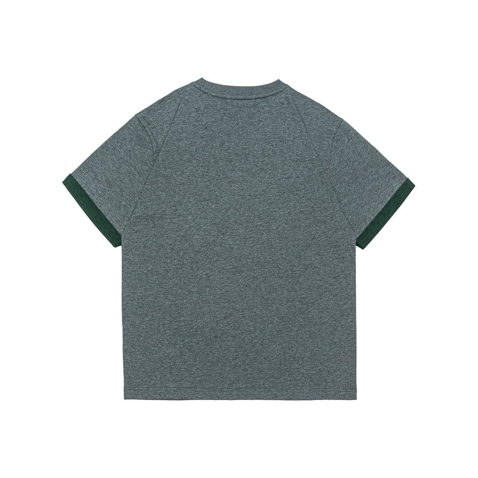 Back view of gray green heathered T-shirt with dark green sleeve cuffs, plain back
