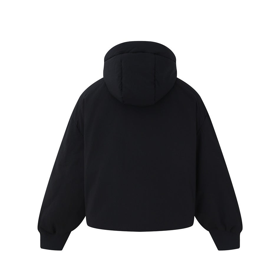 Back view of a black hooded jacket with roomy sleeves and ribbed cuffs.