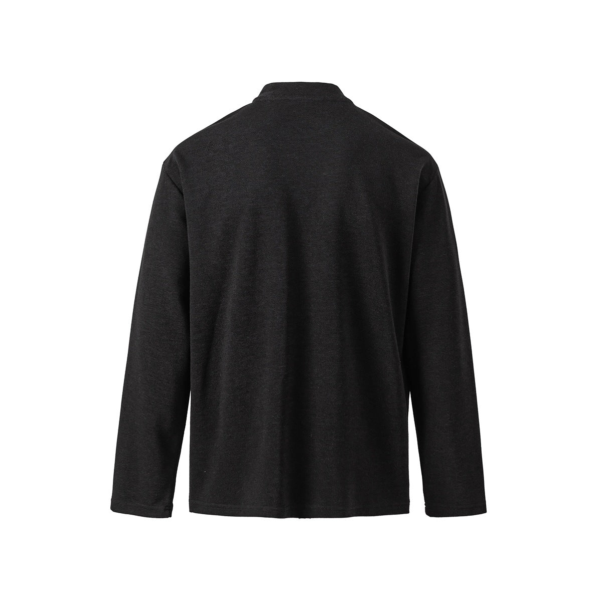 Back view of a plain black long-sleeved crew-neck shirt on a white background.