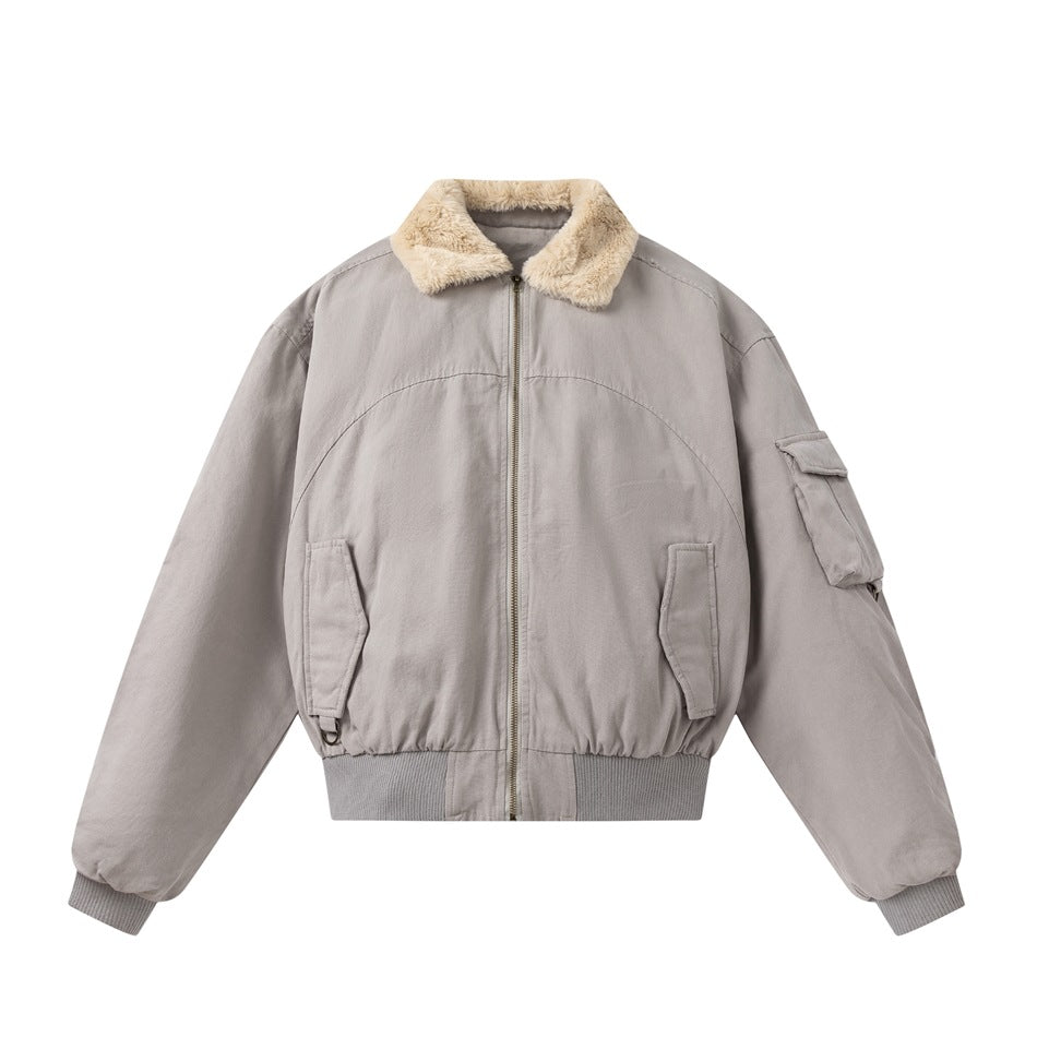 Light gray zip-front bomber jacket with beige plush collar, ribbed hem and cuffs, flap pockets and sleeve pocket