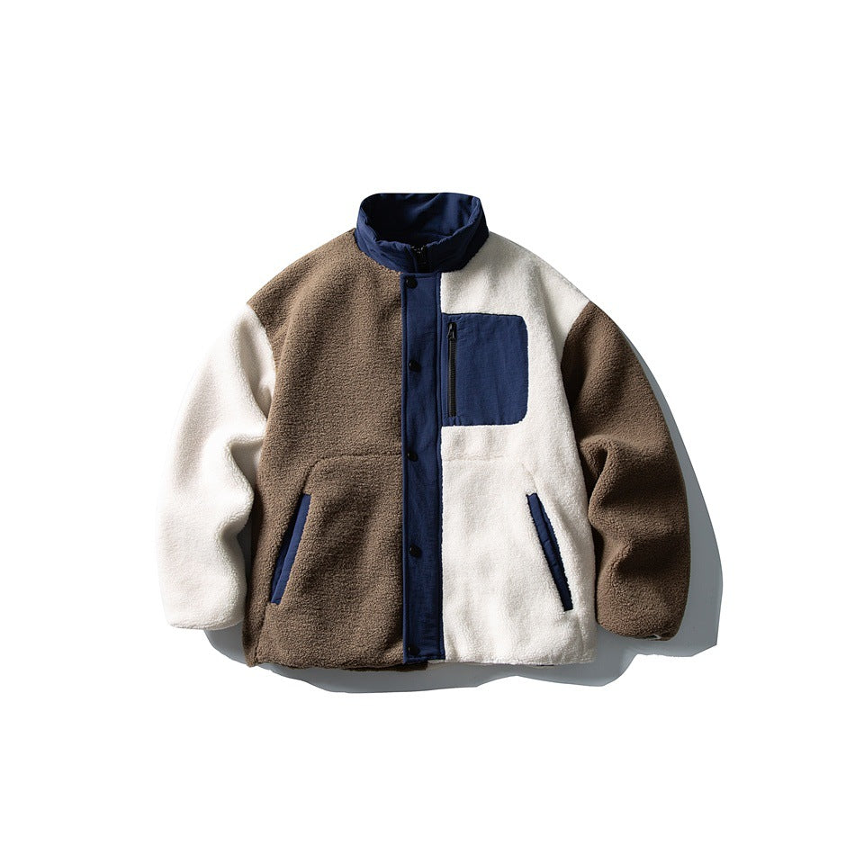 Front of brown and cream color-block fleece-textured jacket with navy collar, snap placket and zip chest pocket