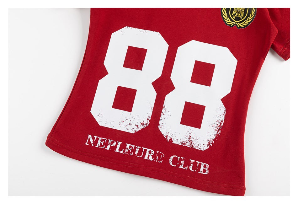 Close-up of the red jersey front showing a large distressed white 88 and white lettering near the hem.