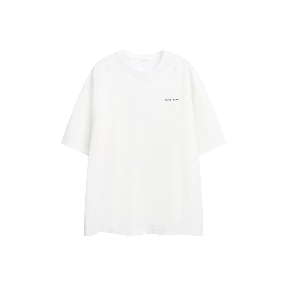 White oversized crew-neck T-shirt with short sleeves and small dark chest text, shown flat against a white background.
