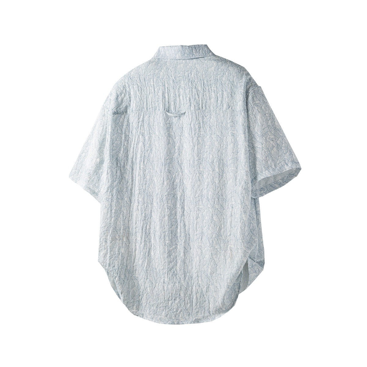 Back view of light blue leaf-print short-sleeve shirt with back yoke and curved hem