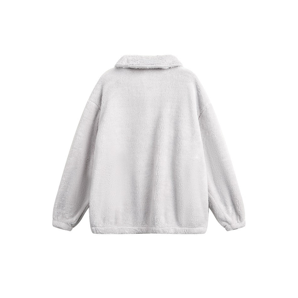 Back view of a light gray plush pullover with a folded collar and long sleeves, shown flat on white.