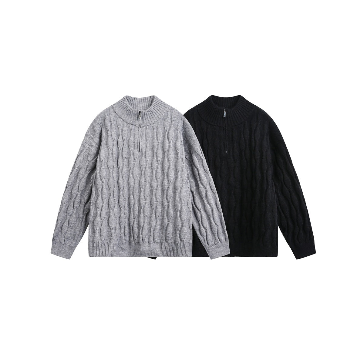 Two cable-pattern quarter-zip sweaters shown flat, one light gray and one black.