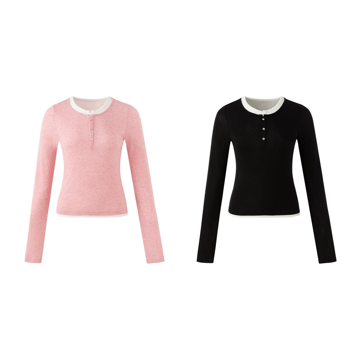 Two long-sleeve henley tops shown separately: pink and black, both with white contrast neckbands and cuffs.