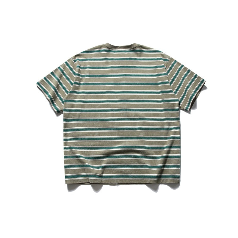 Back view of a khaki T-shirt with horizontal dark green and white stripes and short sleeves.