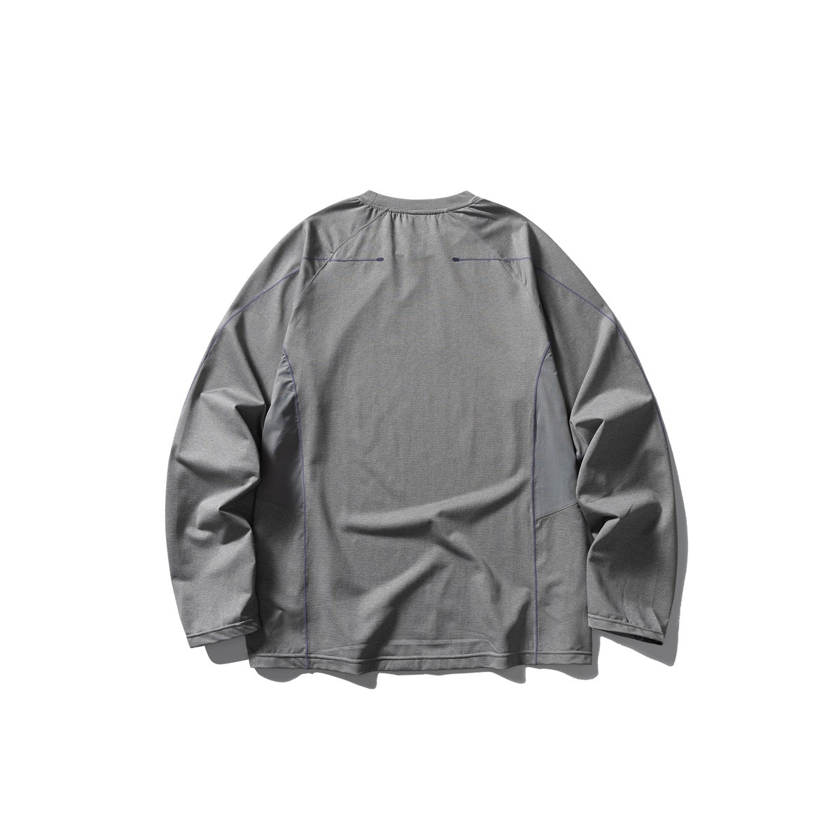 Back of a gray long-sleeve crewneck laid flat, with dark contrast piping and shoulder details.