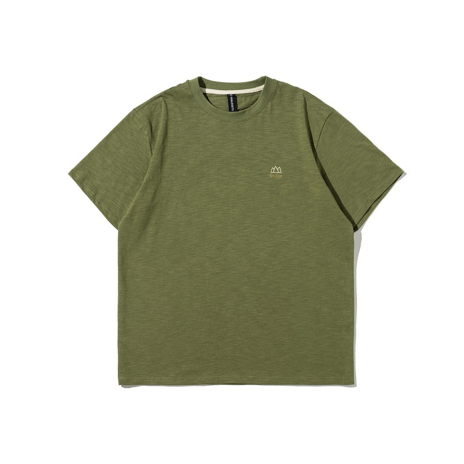 Green short-sleeve crew-neck T-shirt, front view, with a small mountain logo and Ridge text on the chest