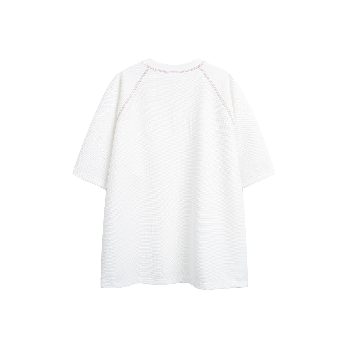 Back view of a white short-sleeve shirt with pale pink raglan stitching on a white background.