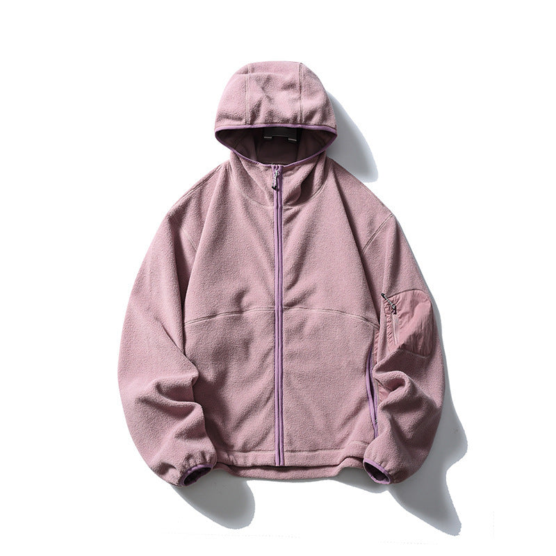 Dusty mauve hooded fleece-style zip jacket with purple trim, laid flat front view