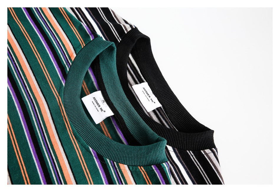 Close-up of two striped shirts showing teal and black ribbed collars and sewn-in neck labels.