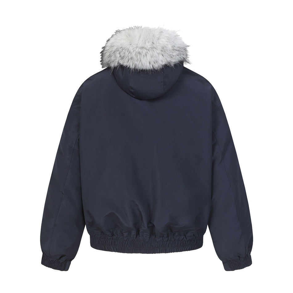 Back view of navy hooded bomber jacket with gray faux-fur hood trim and elastic hem and cuffs