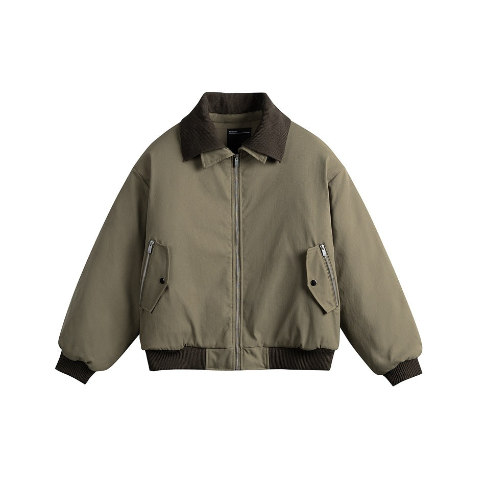 Olive green padded bomber jacket with dark brown ribbed collar, cuffs and hem, front zipper and two zip flap pockets